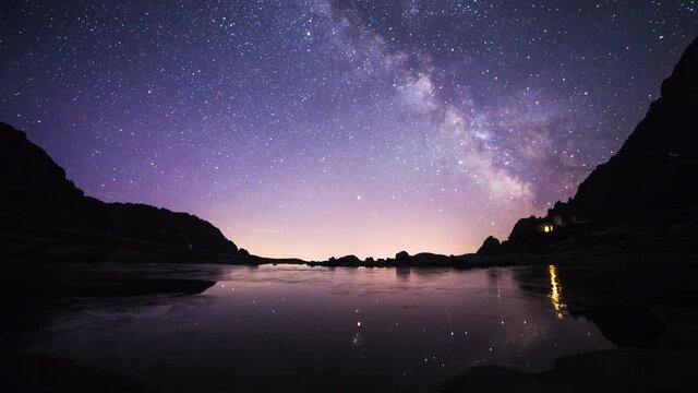 Milky way timelapse over frozen lake