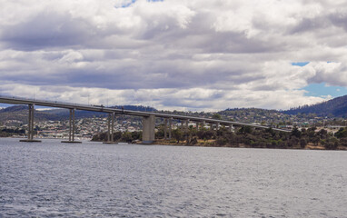 Tasman bridge, large concrete bridge spanning the river Derwent, Monteague Bay, Australia.