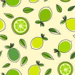 Green lemon and leaves, with black outline unfit colored cartoon vector illustration over light yellow background, seamless pattern 