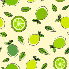 Green lemon and leaves, with black outline unfit colored cartoon vector illustration over light yellow background, seamless pattern	