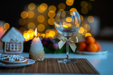 festive Christmas mood with a glass of wine and a burning candle on the kitchen dinner table