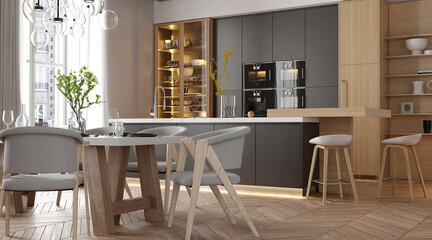 Modern kitchen interior in black colors