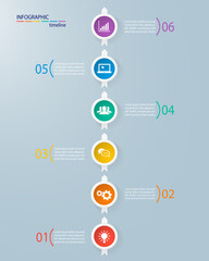 Infographics timeline template with realistic colorful circles for 6 steps and icons. Can be used for workflow layout, diagram, number options, step up options, web design, infographics, presentations