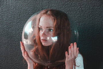 The girl has an aquarium on her head. Portrait
