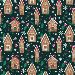 Seamless vector pattern with gingerbread houses and snowflakes.