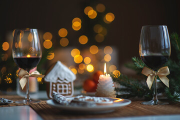festive Christmas mood with a glass of wine and a burning candle on the kitchen dinner table