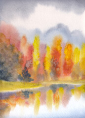 Autumn forest by the lake. Watercolor landscape