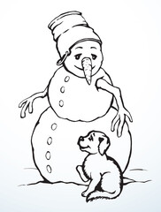 Snowman and dog. Vector drawing.