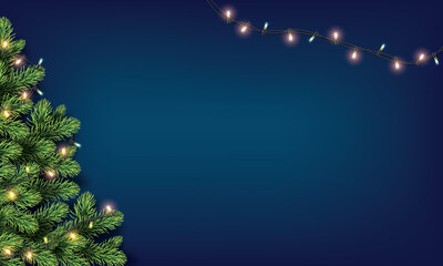Christmas tree in twinkle lights string decoration. Merry Christmas and New Year Greeting card, banner