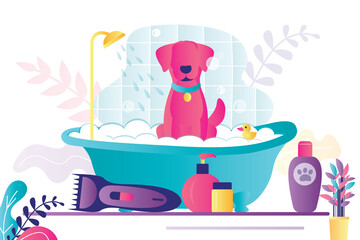 Cartoon dog sitting in bathtub. Domestics pet bathes with rubber duck. Different tools for grooming dogs. Concept of animal care and puppy hygiene