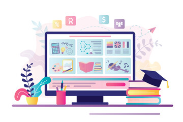 Online education, e-learning concept. Monitor with learning website. Various courses on web page. Education icons, books and graduate hat.