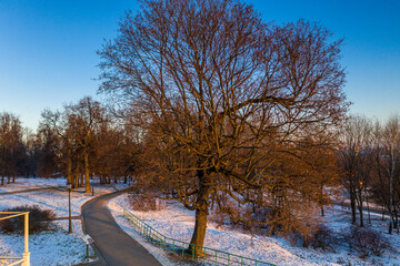 panoramic view of the park in the city on the river bank with old buildings at sunrise in winter filmed from a drone