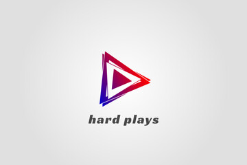 messed up play button with trendy color awesome music and film logo for publisher, producer, director, musician, influencer