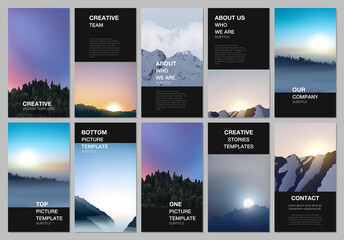 Social networks stories design, vertical banner or flyer templates. Covers design templates for flyer, cover. Fog, sunrise in morning and sunset in evening. Nature landscape backgrounds with mountains