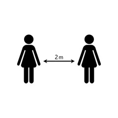 Social distancing icons. Black silhouettes of a man and / or a woman with an arrow between them. Can be used to prevent a coronavirus outbreak. Vector illustration.