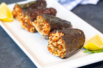 Traditional delicious Turkish foods; dried eggplant stuffed (Kuru patlican dolmasi)