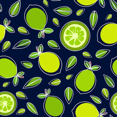 Green lemon and leaves, white outline colored cartoon vector illustration over dark blue background, seamless pattern