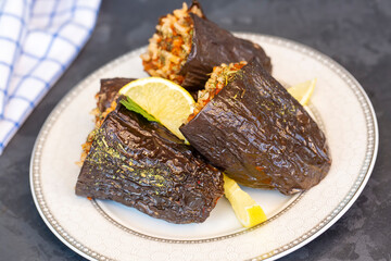 Traditional delicious Turkish foods; dried eggplant stuffed (Kuru patlican dolmasi)
