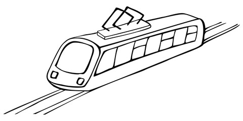 Public transport, electric transport on rails, metro tram. Hand drawn contour sketch, black and white.