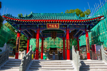 Kowloon, Hong Kong - 02.12.2020 : traditional Chinese architecture, Confucius temple in Wong Tai...