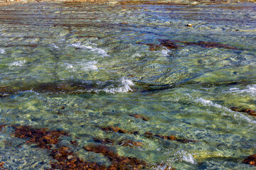 Natural river stony bottom, shallow riverbed during autumn weather on a Sunny day in a mountainous area.