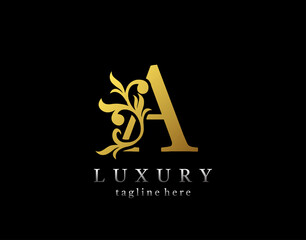 Letter A luxury logo icon, luxury gold flourishes ornament monogram design vector.