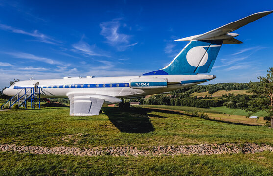 Strysza Buda, Poland - August 6, 2018: Old Tupolew 134A airplane in Cassubian Park of Giants - family theme park in Strysza Buda, small village in Cassubia region