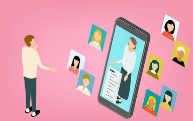 アイソメトリック、マッチングアプリを利用して恋人を探す男性のイメージイラスト