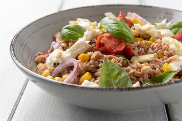 Insalata di farro con mozzarella, pomodoro, mais, cipolla e basilico
