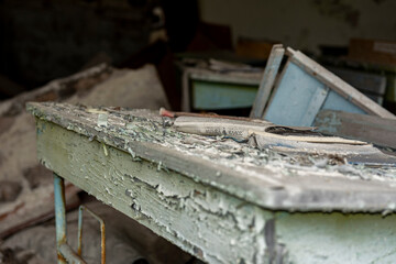 School desks in the classroom of an abandoned school in the Chernobyl exclusion zone