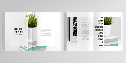 3d realistic vector layout of cover mockup design templates for A4 bifold brochure, cover design, book design, magazine, brochure cover. Home office concept, study or freelance, working from home.