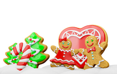 3D Christmas couple of gingerbread cookies hold hands against big red heart isolated on white backgrpund. Winter landscape with gingerbread bisquits man and woman, candy cane, christmas tree, snow.