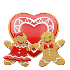Couple of Christmas gingerbread cookies hold hands against big red heart. Festive romantic 3D design element isolated on white background.