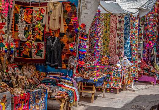 Peru, market day in Pisac near Cuzco. Local handicraft for souvenirs