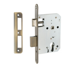 External mortise lock with a rectangular bolt and a latch in bronze with a tongue strike plate and in a steel-colored case on a white background