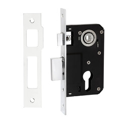 Double turn classic mortise lock for entrance doors in steel color with rectangular bolt and latch on white background