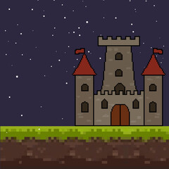 Pixel castle. Pixel art game background. Ground, grass, sky, castle and clouds. Pixel art. Game Design. 8 bit. 