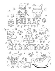 Coloring page for children. Merry Christmas. Cute cartoon Santa Claus and deer with presents. Outline vector illustration.
