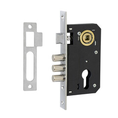 Steel-colored entrance lock in a black case with three round bolts, a latch and a strike plate on a white background