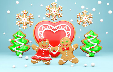 3D Christmas gingerbread cookies couple in love. Winter festive conceptual composition with big biscuit red heart,christmas tree,snowflakes, falling snow on a light blue background