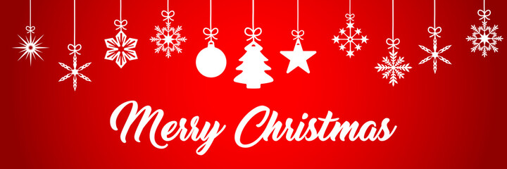 Illustation of a Christmas greeting card with a Christmas ornaments in white on a red background