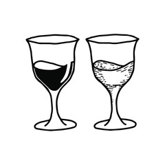 Doodle hand drawn long stemmed wine glasses. With a glare on the glass. Black and white vector illustrations for web, booklets, textiles.