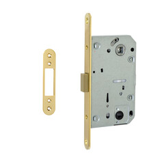 Interior lock with a twist mechanism of gold color with a silent rubberized bolt and a counter lock on a white background