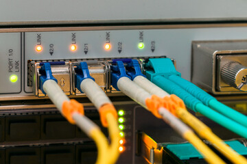 Backbone high-speed Internet communication channel. Fiber optic cable are connected to the...