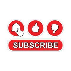 Subscribe red button notification bells, like, dislike isolated symbols. Social media interface.
