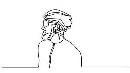 Continuous one line cyclist in helmet. Minimalist design drawing of sportsman doing sport competition