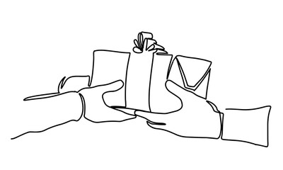 Continuous line drawing of two hands holding gift box with ribbon. continuous line drawing of hand Hands giving gift box. One line couple in love. Christmas present giving. holiday celebration.