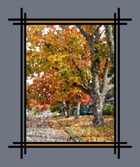 Abstracted landscape of street-side fall trees - portrait - painterly - with art border