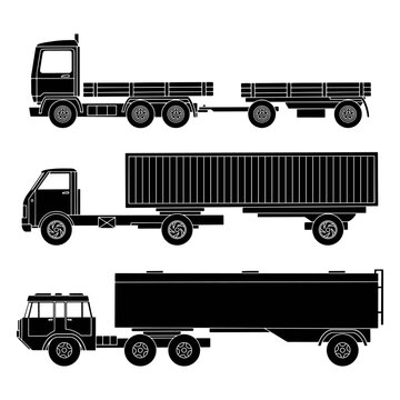 Trucks with trailers, black detailed silhouettes on a white background.