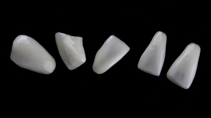 set of dental veneers top view on a black background